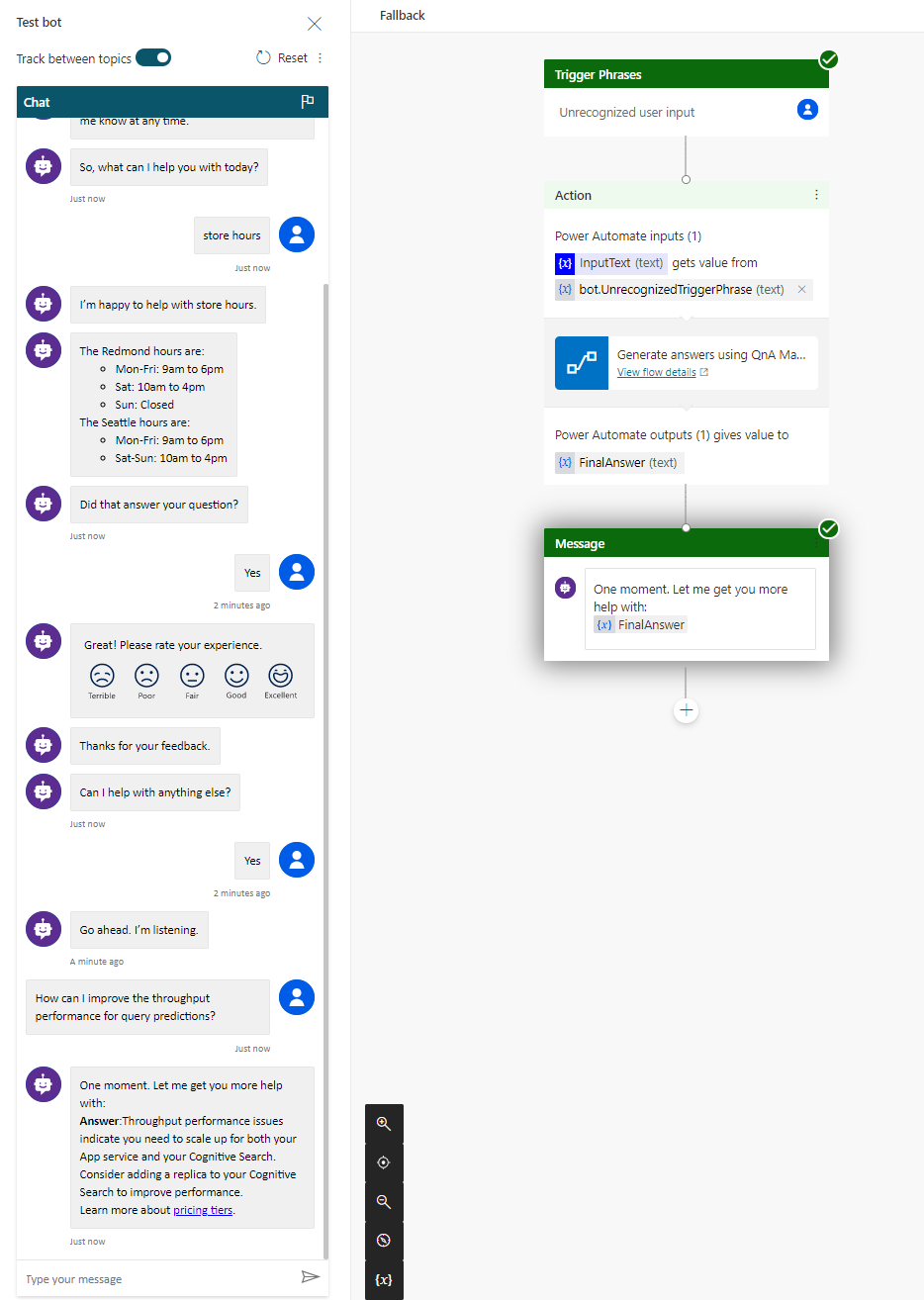 Skärmbild av chattrobot med arbetsytor som anger gröna bockmarkeringar för lyckade åtgärder.