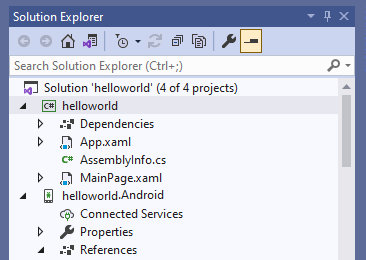 Skärmbild som visar helloworld-projektet som visas i Visual Studio.