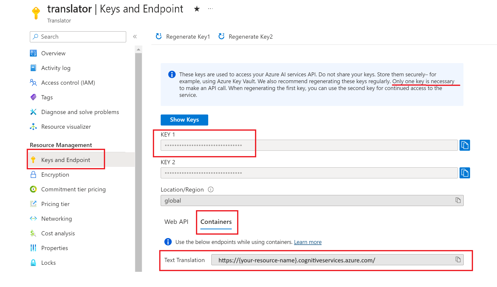 Skärmbild av Azure Portal nycklar och slutpunktssida.