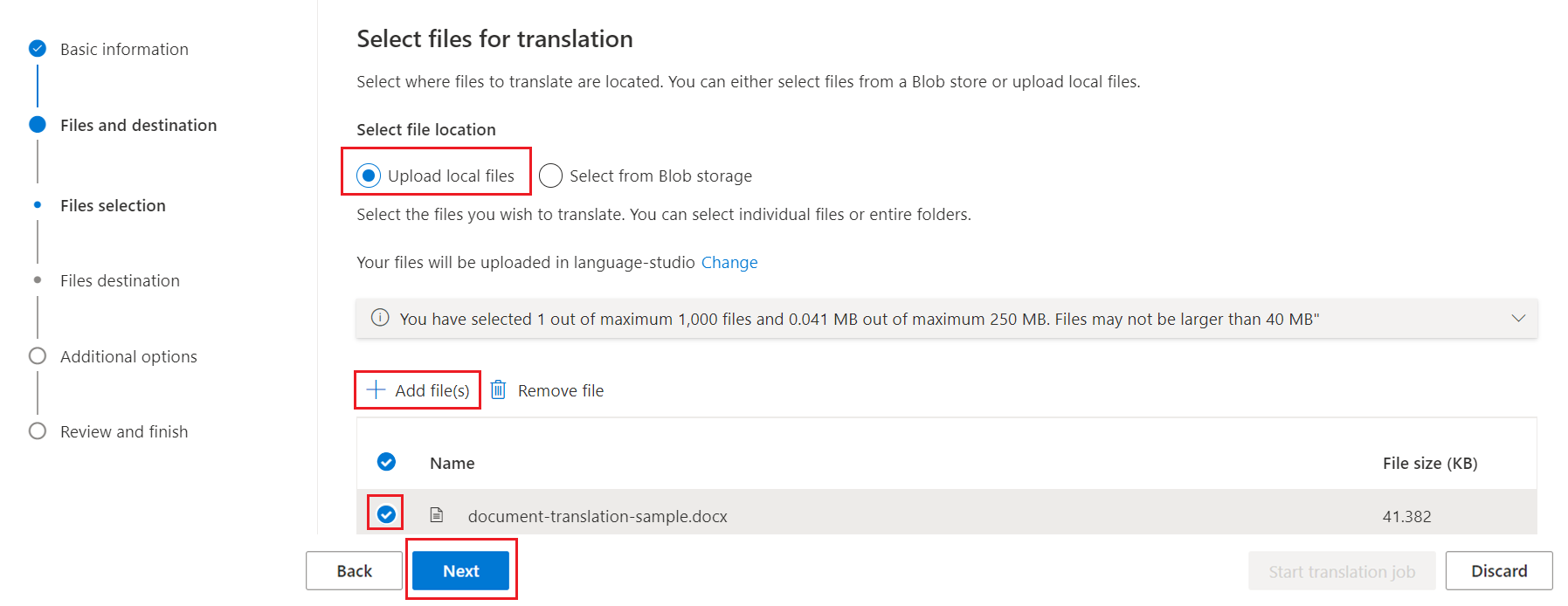 Skärmbild av sidan Välj filer för översättning.