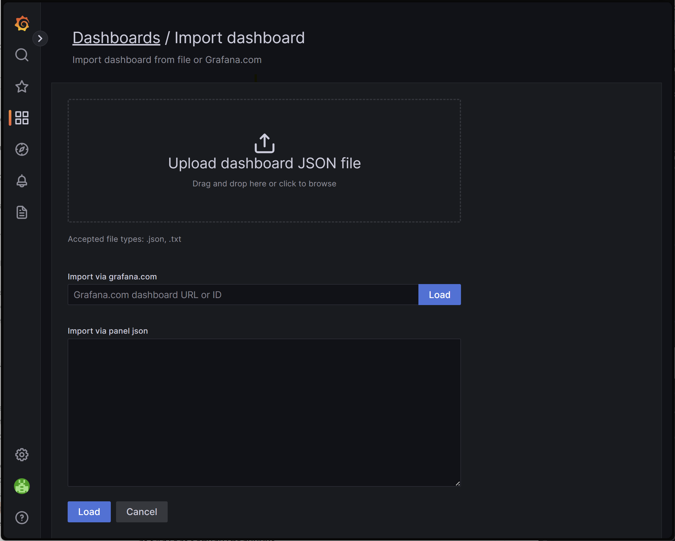 Skärmbild av en webbläsare som visar dialogrutan Importinstrumentpanel för Grafana-instans.