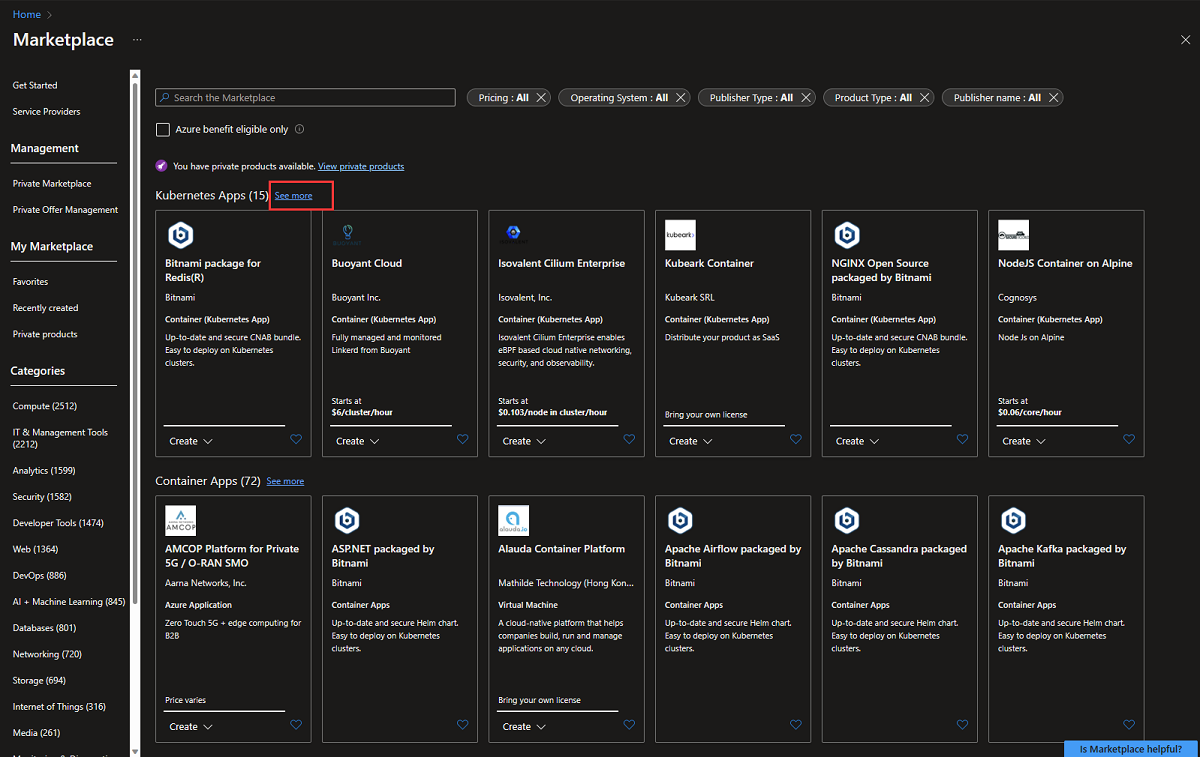 Skärmbild av Azure Marketplace K8s-erbjudanden i Azure Portal. 