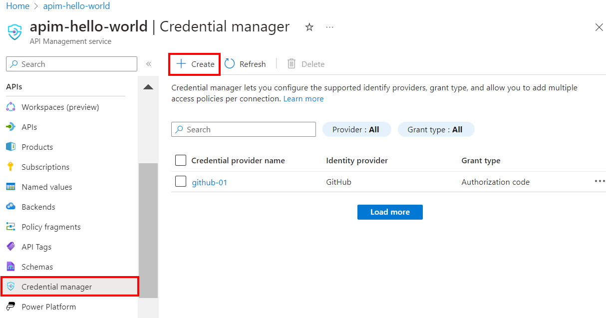 Skärmbild av hur du skapar en API Management-autentiseringsuppgift i Azure-portalen.