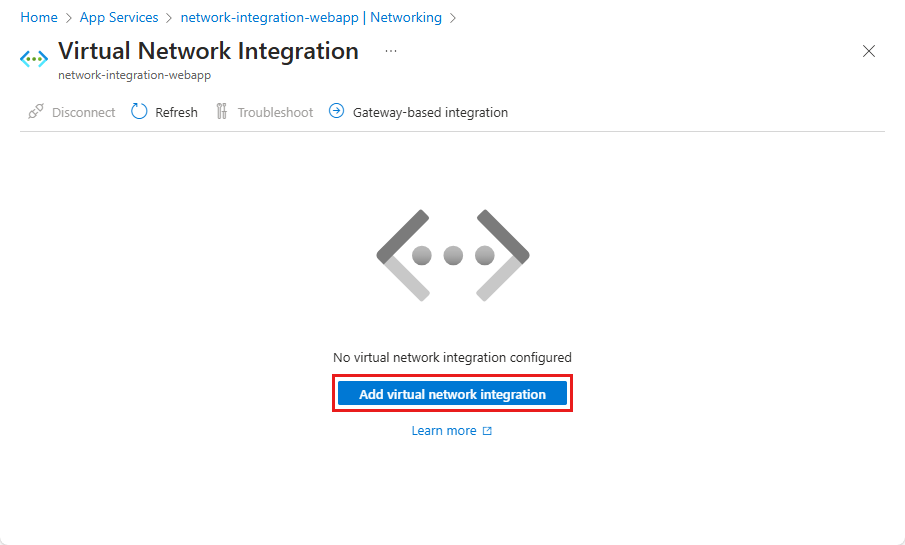 Skärmbild som visar hur du väljer Integrering av virtuellt nätverk.