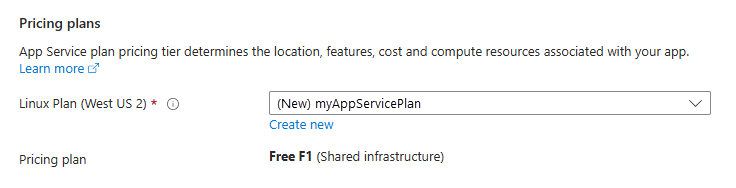 Skärmbild av alternativen för App Service-plan.