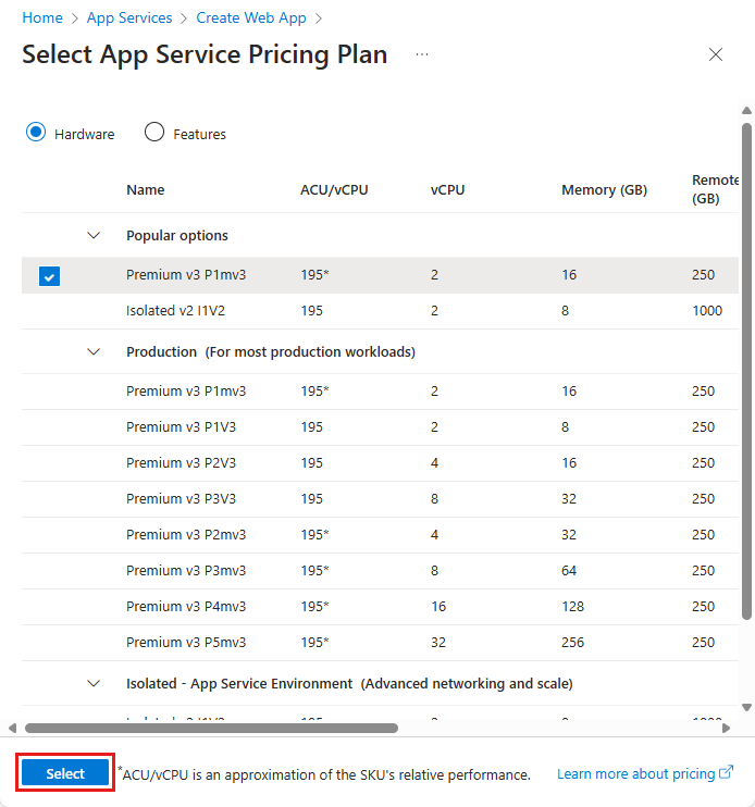 Skärmbild av alternativen för App Service-plan.