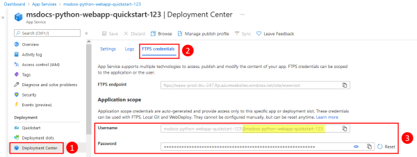 En skärmbild som visar platsen för autentiseringsuppgifterna för distributionen i Azure Portal.