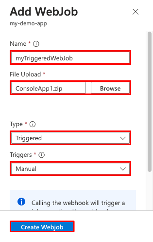 Skärmbild som visar hur du konfigurerar ett manuellt utlöst webbjobb för en App Service-app.