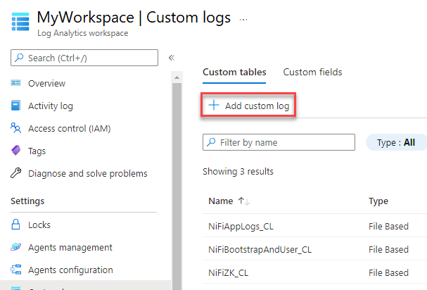 Skärmbild av sidan Anpassade loggar i Azure Portal med Lägg till anpassad logg framhävd.