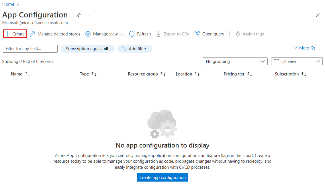 Skärmbild av Azure-portalen som visar knappen för att starta skapandet av ett App Configuration Store.