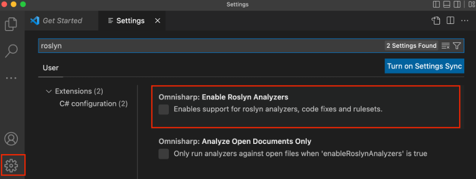 Skärmbild av konfiguration av Roslyn Analyzer i Visual Studio Code.