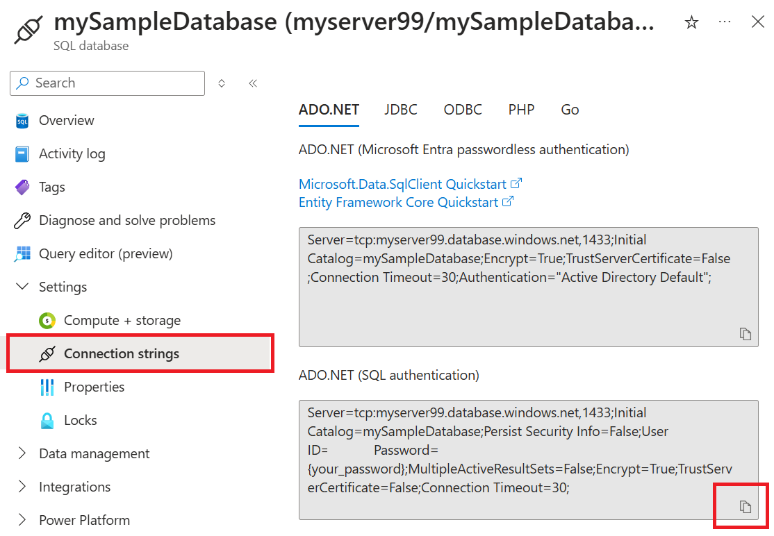 Skärmbild av kopiering av Azure SQL Database-anslutningssträng i Azure-portalen.