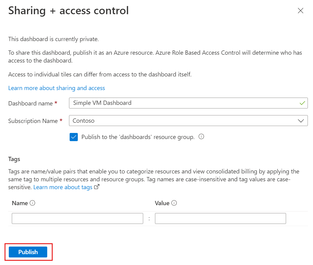 Skärmbild som visar hur du publicerar en Azure Portal instrumentpanel.