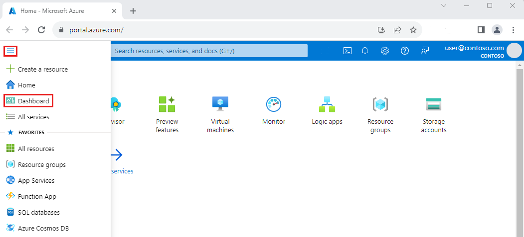 Skärmbild av Azure Portal med instrumentpanelen markerad.