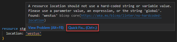 Skärmbilden av No hardcoded location linter rule warning with quickfix (Ingen hårdkodad platslinterregelvarning med quickfix).