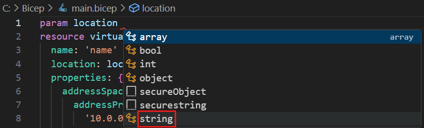 Skärmbild av att lägga till strängtyp i parametern.