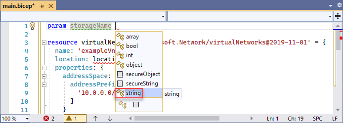 Skärmbild av att lägga till strängtyp i parametern.