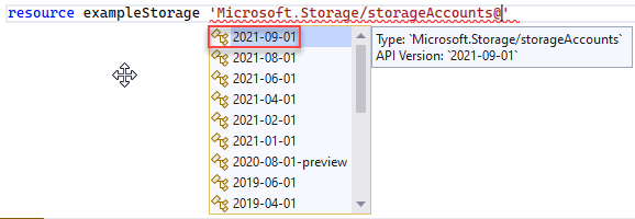 Skärmbild av att välja API-version för resurstyp.