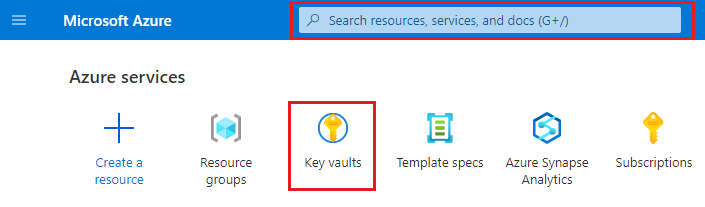 Skärmbild av Startsidan för Azure för att öppna ett nyckelvalv med hjälp av sökning eller genom att välja nyckelvalv.