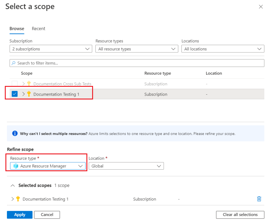 Skärmbild av att välja en enskild prenumeration och Azure Resource Manager-måttet i Azure Portal.