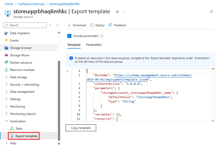 Skärmbild av export av en enskild resurs i Azure Portal.