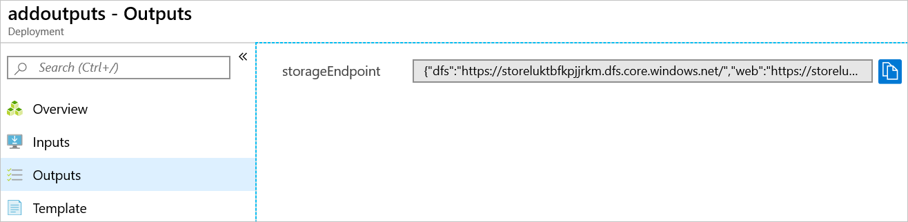 Skärmbild av Azure Portal som visar distributionsutdata.