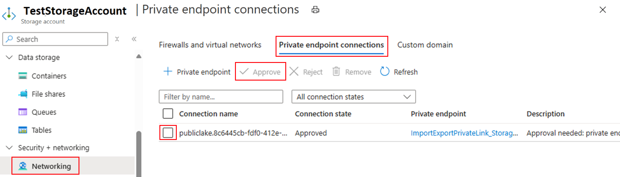 Screenshot from the Azure portal that shows how to approve Azure Storage Private Link in Azure Storage.