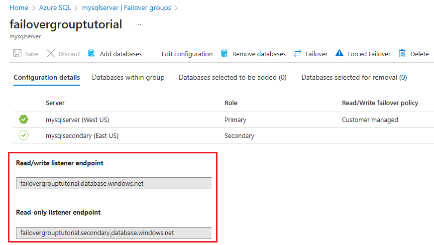 Failover group connection string