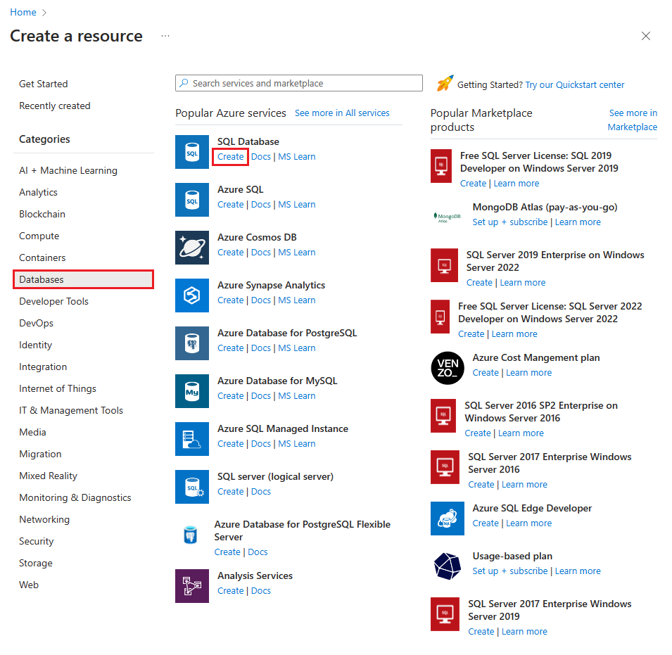 Screenshot of the first steps to create a new SQL Database in the Azure portal.