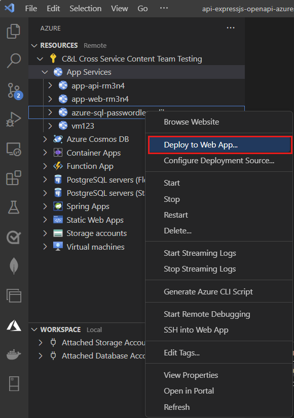 Skärmbild av Visual Studio Code i Azure Explorer med Distribuera till webbapp markerad.