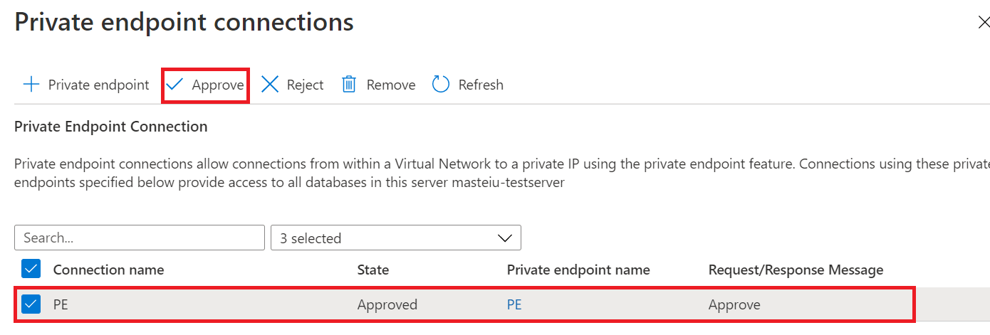 A screenshot from the Azure portal Private Endpoint connections page, showing where to approve a private link.