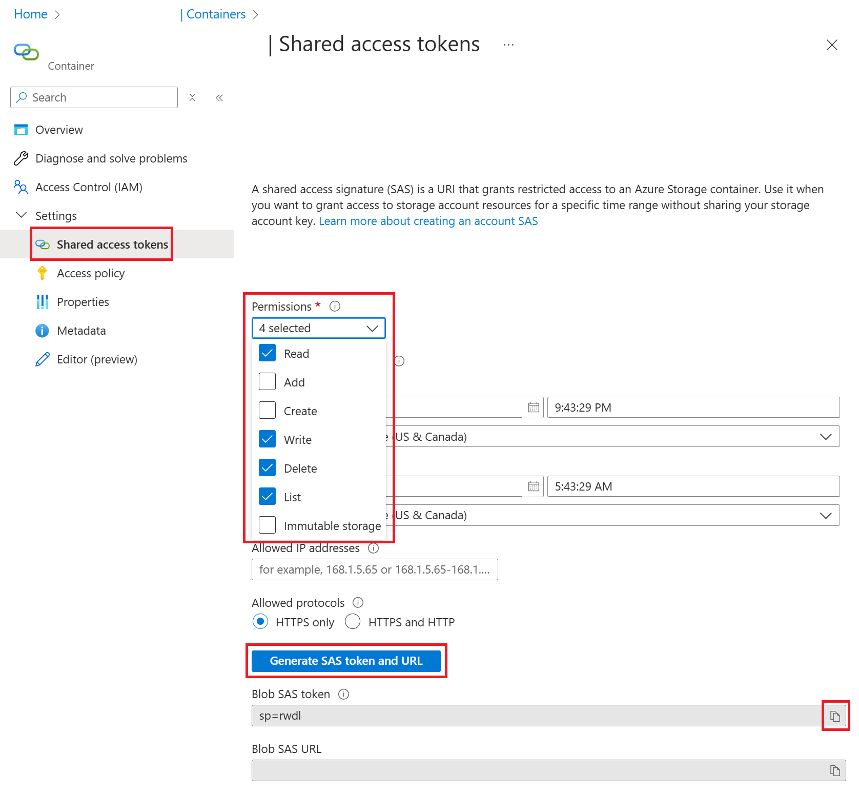 Screenshot of the Shared Access Tokens screen for an Azure Storage container, with a generated SAS token for an example container.