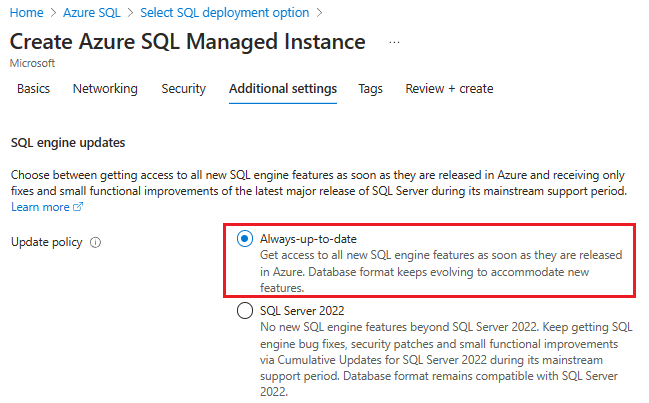 Skärmbild av sidan Skapa Azure SQL Managed Instance i Azure-portalen med uppdateringsprincipen vald.