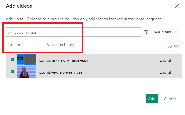 Skärmbild som visar sökning efter videor som nämner custom vision