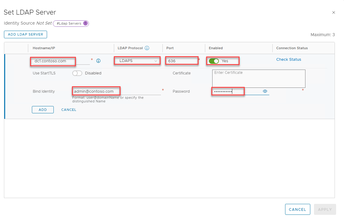 Skärmbild som visar sidan Ange LDAP Server för att lägga till en LDAP-server.