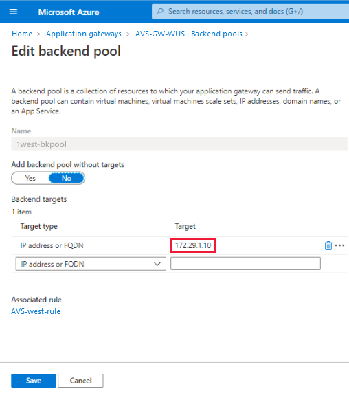 Skärmbild av sidan Redigera serverdelspool med mål-IP-adressen markerad.