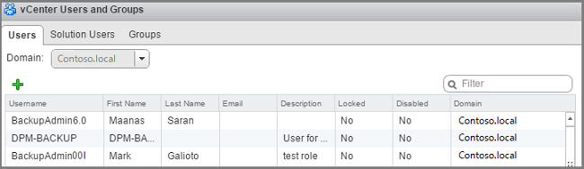 Screenshot shows the vCenter Users and Groups pane.