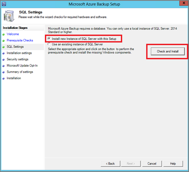 Skärmbild som visar dialogrutan SQL-inställningar och installera den nya instansen av SQL Server med det här installationsalternativet valt.