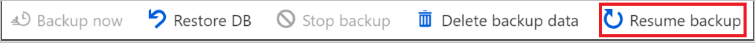 Välj Resume backup (Återuppta säkerhetskopiering) för att återuppta databasskyddet