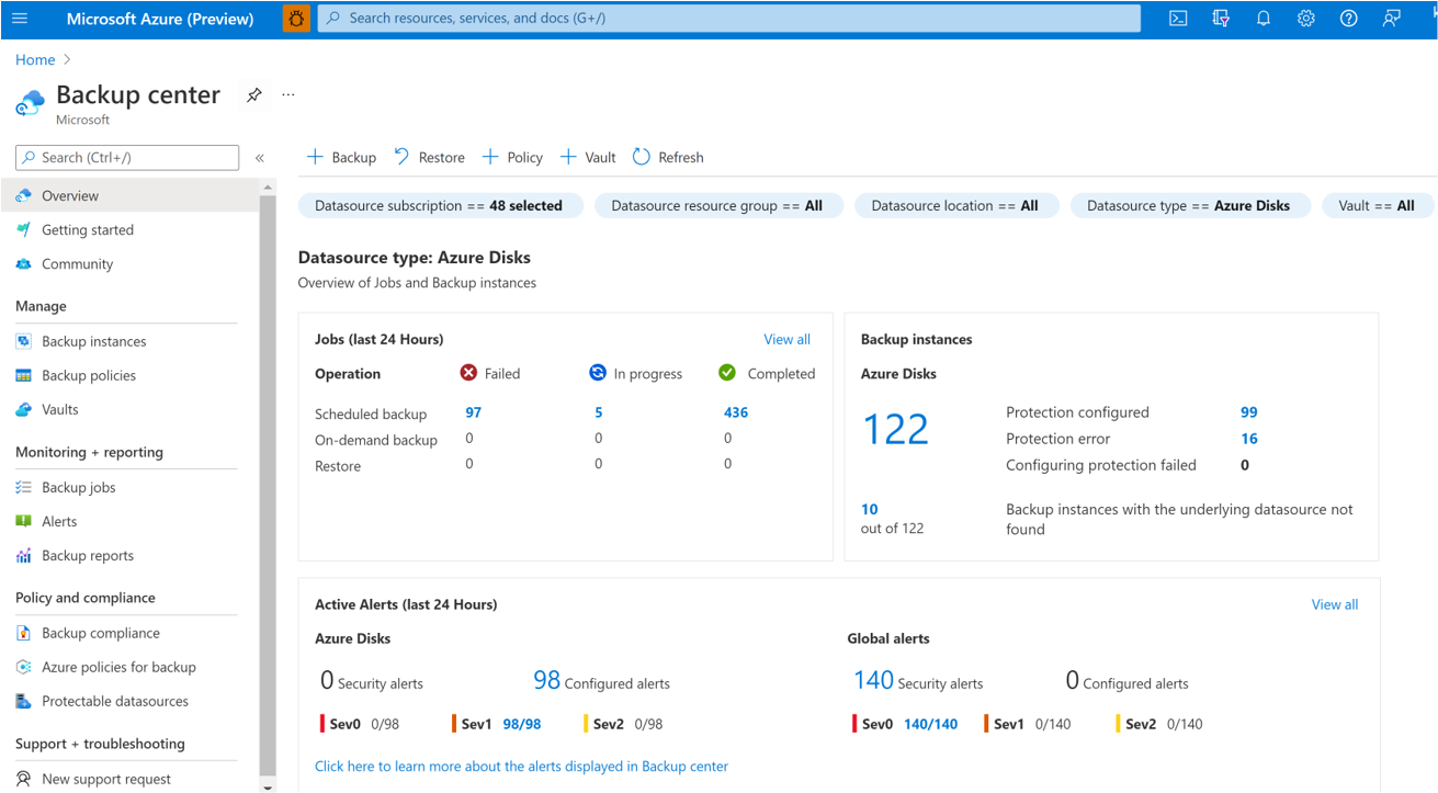 Skärmbild som visar alternativet att starta Säkerhetskopiering av Azure Disk.