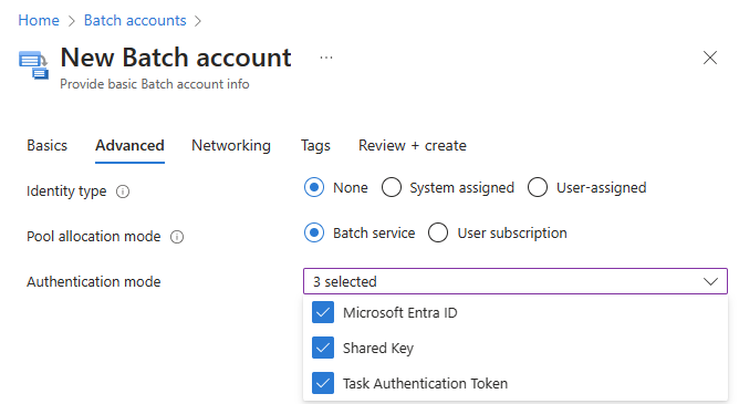 Skärmbild av alternativen för autentiseringsläge när du skapar ett Batch-konto.