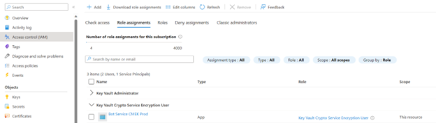 Screenshot of key vault configuration showing the crypto service encryption user role has been added.