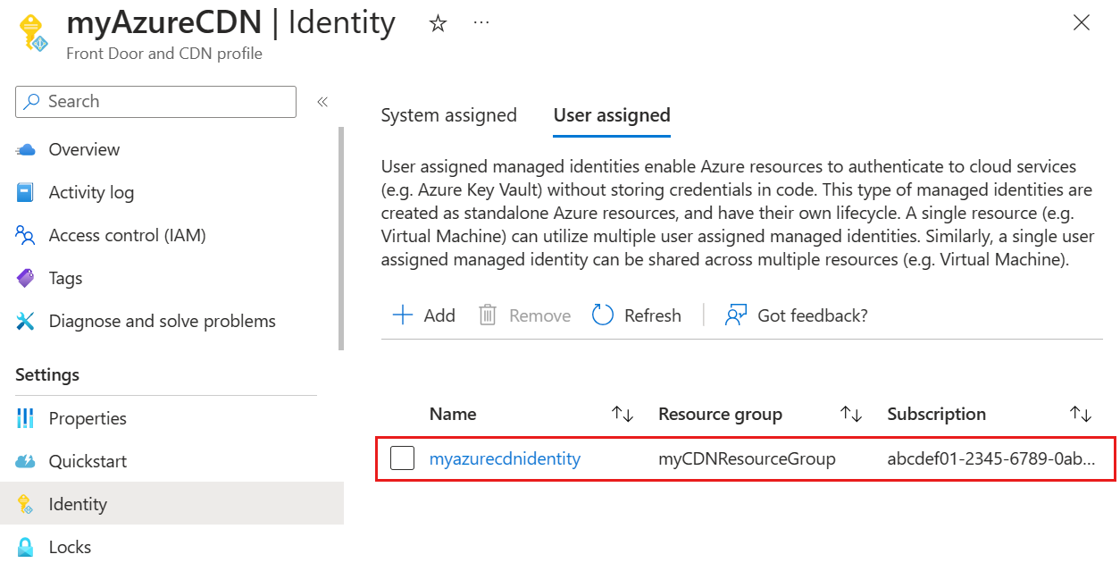 Skärmbild av lägg till en användartilldelad hanterad identitet som lagts till i en Azure Content Delivery Network-profil.