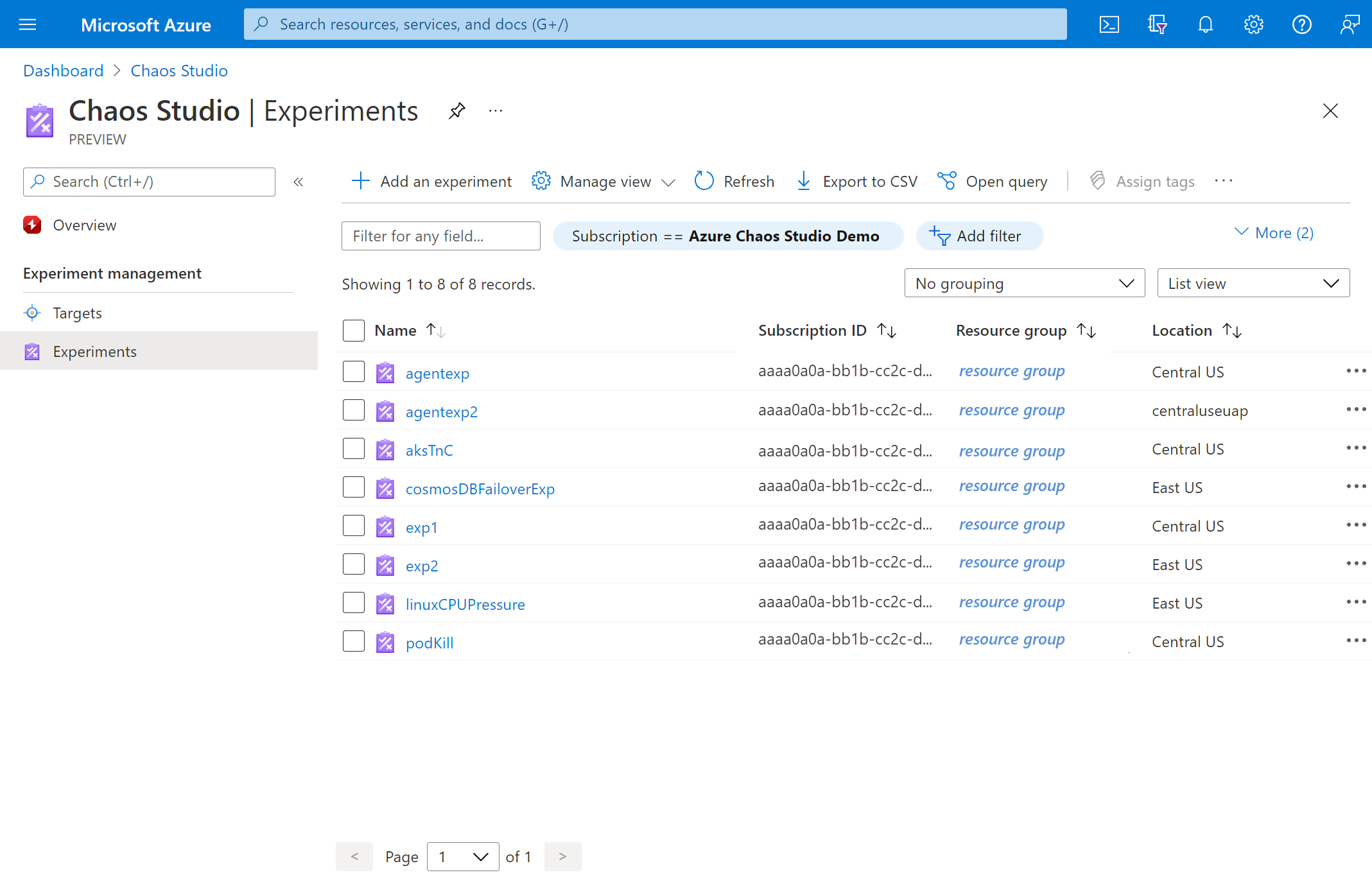 Skärmbild som visar experimentvyn i Azure Portal.