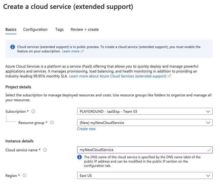 Bilden visar fliken Grundläggande för Cloud Services (utökad support).