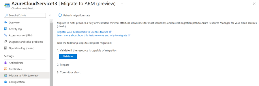 Bilden visar bladet Migrera till ARM i Azure Portal.