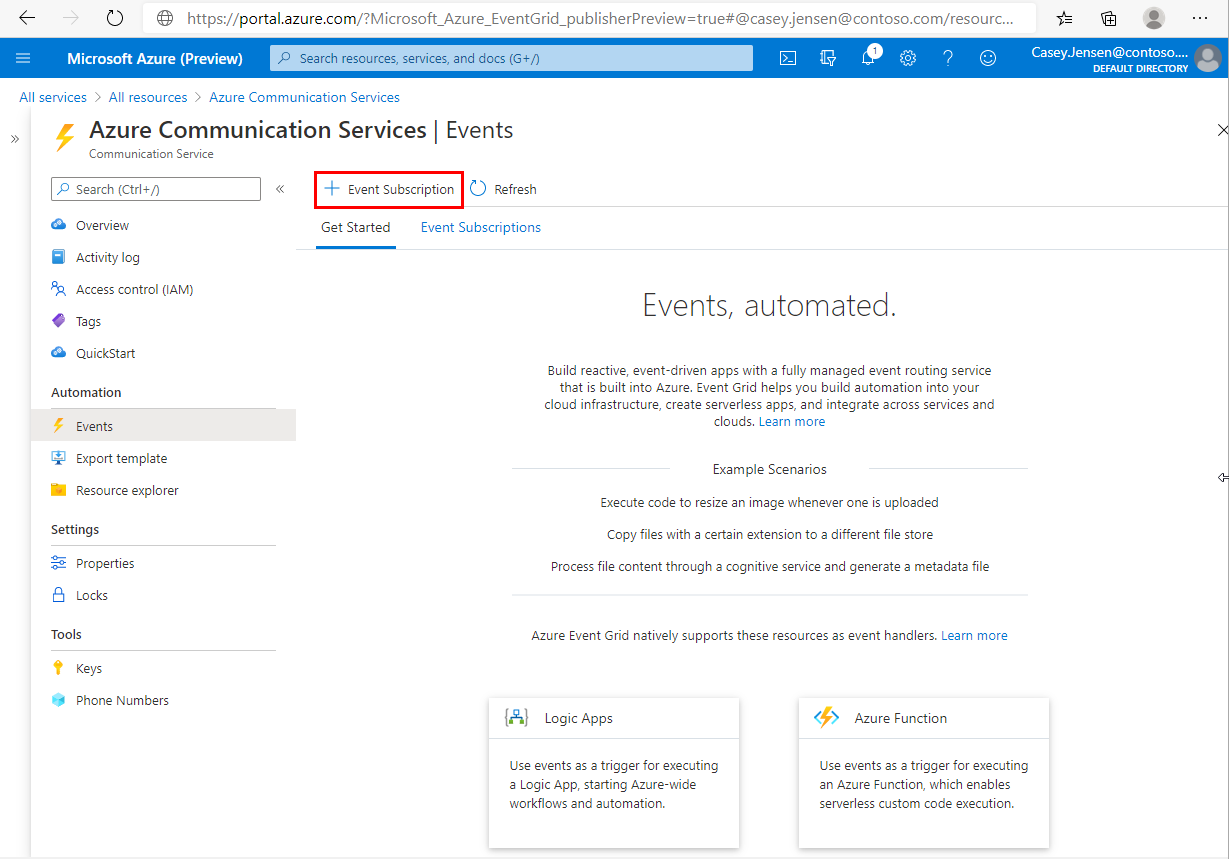 Skärmbild som visar sidan Händelser för en Azure Communication Services resurs. Knappen Händelseprenumeration framhävs.