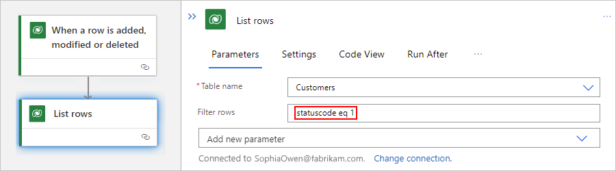 Screenshot shows Standard workflow and property named Filter rows with ODATA query.