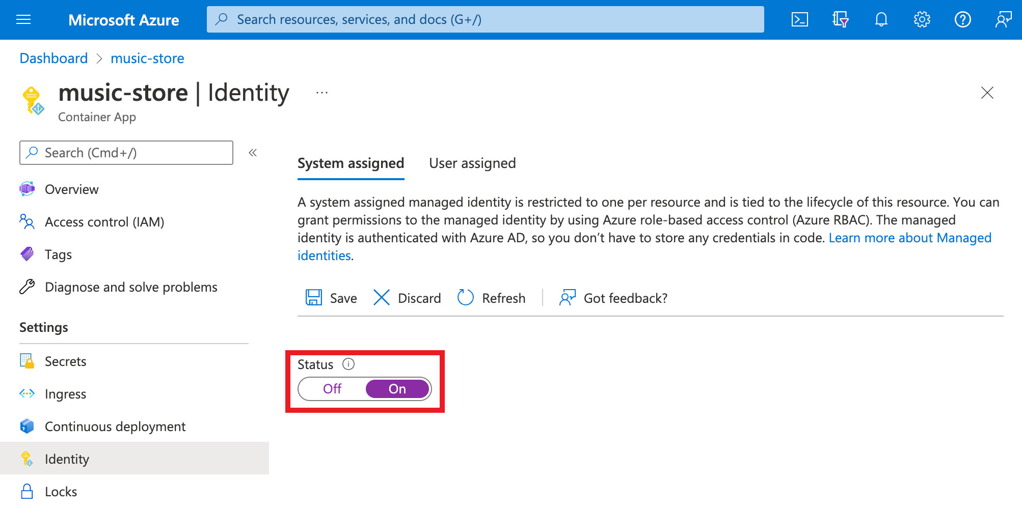 Skärmbild av systemtilldelade identiteter.