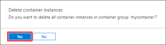 Ta bort bekräftelse av en containerinstans i Azure-portalen]